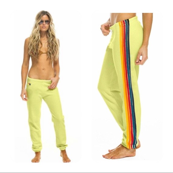 Aviator Nation Pants - Aviator Nation Women's Yellow New Season 5 Stripe Sweatpants Neon
